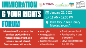 red, white, blue, and dark blue flyer with information about the immigration and your rights forum